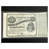 1880s $5 State of Louisiana Single Bond with Green Serial Number (Crisp Unused)