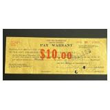 1932 South Carolina Large $10 Pay Warrant