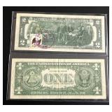 1957 $1 Silver Certificate Star Note (Very Fine) & 1976 $2 Federal Reserve Note (1st DAY ISSUE STAMP)