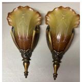 FR - Pair of Vintage Art Deco Amber Glass Wall Sconces by Mid-West FR - Pair of Vintage Art Deco Amber Glass Wall Sconces by Mid-West