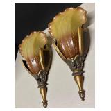 FR - Pair of Vintage Art Deco Amber Glass Wall Sconces by Mid-West FR - Pair of Vintage Art Deco Amber Glass Wall Sconces by Mid-West