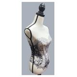 LLR - Dress Form Mannequin - Corset Print Decorative Bust on Black Tripod Stand LLR - Dress Form Mannequin - Corset Print Decorative Bust on Black Tripod Stand