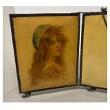 FR - Antique Art Nouveau Maiden Portrait Celluloid Tri-Fold Vanity Mirror FR - Antique Art Nouveau Maiden Portrait Celluloid Tri-Fold Vanity Mirror