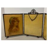 FR - Antique Art Nouveau Maiden Portrait Celluloid Tri-Fold Vanity Mirror FR - Antique Art Nouveau Maiden Portrait Celluloid Tri-Fold Vanity Mirror