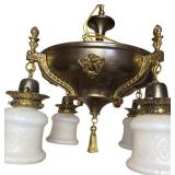 RR - Vintage Brass Chandelier Light Fixture with Ornate Filigree and Frosted Glass Shades RR - Vintage Brass Chandelier Light Fixture with Ornate Filigree and Frosted Glass Shades