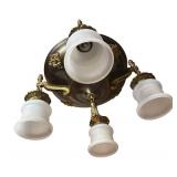 RR - Vintage Brass Chandelier Light Fixture with Ornate Filigree and Frosted Glass Shades RR - Vintage Brass Chandelier Light Fixture with Ornate Filigree and Frosted Glass Shades