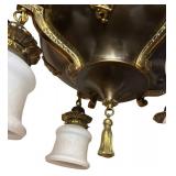 RR - Vintage Brass Chandelier Light Fixture with Ornate Filigree and Frosted Glass Shades RR - Vintage Brass Chandelier Light Fixture with Ornate Filigree and Frosted Glass Shades