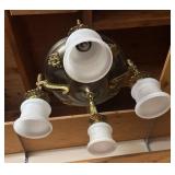 RR - Vintage Brass Chandelier Light Fixture with Ornate Filigree and Frosted Glass Shades RR - Vintage Brass Chandelier Light Fixture with Ornate Filigree and Frosted Glass Shades