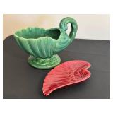 BR - Red Wing Leaf Dish & Haeger Green Shell Bowl - Vintage Pottery Pair BR - Red Wing Leaf Dish & Haeger Green Shell Bowl - Vintage Pottery Pair