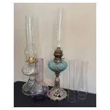 BR - Two Vintage Glass Oil Lamps with Extra Hurricane Shade - Tallest 22.5 inches BR - Two Vintage Glass Oil Lamps with Extra Hurricane Shade - Tallest 22.5 inches