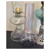 BR - Two Vintage Glass Oil Lamps with Extra Hurricane Shade - Tallest 22.5 inches BR - Two Vintage Glass Oil Lamps with Extra Hurricane Shade - Tallest 22.5 inches