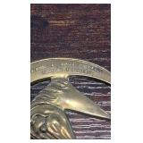 2 brass racing horse themed medallions