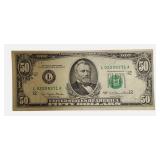 1977 - Cut Off: $50 Federal Reserve Note with an off-center seal.