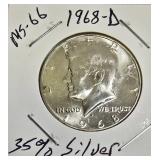1968-D Half Dollar - Mint State 66 - 35% Silver