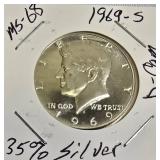 1969-S Half Dollar - MS-68, Deep Cameo (D-Cam) and 35% silver.