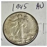 1945 Walking Liberty Half Dollar in Almost Uncirculated (AU) condition.