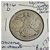 1916-D Walking Liberty Half Dollar - Obverse Mintmark (Rare)