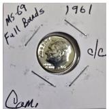 Mix of coins: 1963 quarter, 1961 dime, and three pennies from 1964, 1959, and 1961, with conditions listed below.