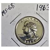 Mix of coins: 1963 quarter, 1961 dime, and three pennies from 1964, 1959, and 1961, with conditions listed below.