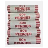 Five rolls of unsearched pennies from a bank box; dates and mint marks are unknown.