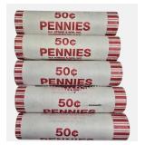 Five rolls of unsearched pennies from a bank box; dates and mint marks are unknown.