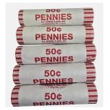 Five rolls of unsearched pennies from a bank box; dates and mint marks are unknown.