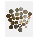 Old foreign coins from various countries around the world.