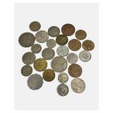 Old foreign coins from various countries around the world.