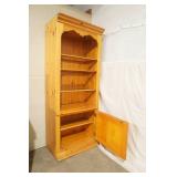 Wooden Cabinet w/ 3 shelves (wood & glass) w/door cabinet on bottom. Arched Top