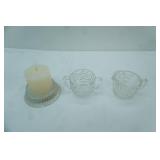 Vintage Clear Pressed Glass Sugar & Creamer & Pillar Candle Holder