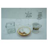 Clear Glass Teardrop Hanging Terrarium, Wine Glasses, Vintage Porcelain Mustache Guard Mug Featuring a 1913/14 Morris Oxford Car