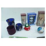 Christmas Decor Lot: Glass Mosaic Candle Holders, Hallmark Ornament, Placemats, Ceramic Plates, Polar Express Ornament & More