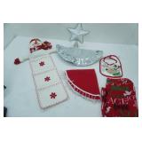 Christmas Decor Lot: tree skirts, star topper, table cloth, baby bib, snowman letter holder