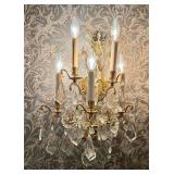 B - Pair of Crystal  Wall Sconces- Brass/Gilt Finish, Hanging Crystals