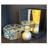 LR - Mirrored Wastebasket, Geometric Glass Box and Bottle