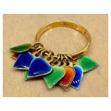 Vintage 1970s Italian 18K Gold Ring with Enamel Heart Charms