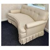O - Vintage Curved Sofa - 66 x 36 in, Beige Fabric, Button-Tufted Back, Pleated Skirt