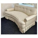 O - Vintage Curved Sofa - 66 x 36 in, Beige Fabric, Button-Tufted Back, Pleated Skirt