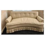 O - Vintage Curved Sofa - 66 x 36 in, Beige Fabric, Button-Tufted Back, Pleated Skirt