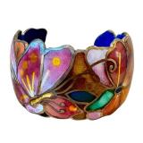 David Kuo Enamel Bracelet Signed - Multicolor Cloisonné Floral Butterfly Cuff