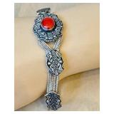 Sterling Silver Carnelian Cabochon Bracelet - 7 Inches (925)