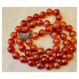 Vintage Carnelian Bead Necklace - Hand-Knotted, Silver Clasp, 28in