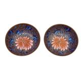 K - Pair of 19th-Century Brown Porcelain Bowls With Blue Enamel Floral Interior