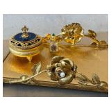 K - Floral Gold-Tone Vanity Set - Tissue Box Cover, Mini Perfume Bottle & Trinket Box