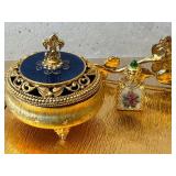 K - Floral Gold-Tone Vanity Set - Tissue Box Cover, Mini Perfume Bottle & Trinket Box
