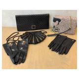 Black Leather Clutch, Evening Bag with Pink Floral Clutch, Beaded Bag & Gloves