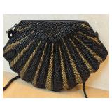 Black Leather Clutch, Evening Bag with Pink Floral Clutch, Beaded Bag & Gloves