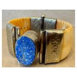 Vintage Bone & Lapis Lazuli Stone Hinged Cuff Bracelet