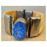 Vintage Bone & Lapis Lazuli Stone Hinged Cuff Bracelet