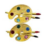 Artist Palette Brooches - Gold-Tone with Colorful Rhinestones